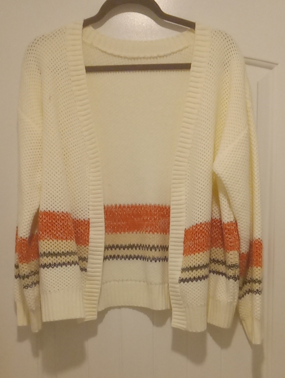 Cream Open-Front Cardigan Sweater with Burnt Orange and Navy Stripes
